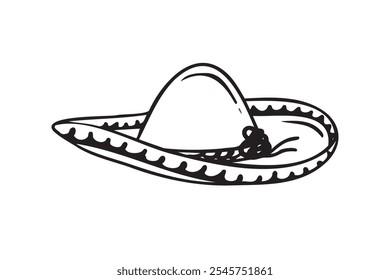 Ilustración de sombrero de Mariachi dibujado a mano. Sombrero de mariachi Doodle. Bosquejo del sombrero del mariachi aislado en el fondo blanco. Boceto de sombrero. Ilustración vectorial. Ilustración vectorial