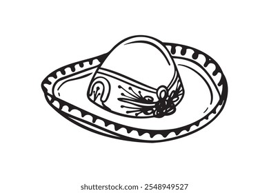 Ilustração de chapéu desenhado à mão Mariachi. Rabiscar chapéu mariachi. Esboço de chapéu mariachi isolado no fundo branco. Esboço de sombrero. Ilustração vetorial. Ilustração vetorial