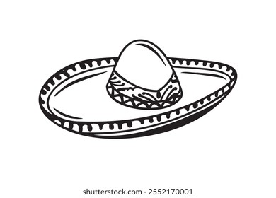 Ilustração de chapéu desenhado à mão Mariachi. Rabiscar chapéu mariachi. Esboço de chapéu mariachi isolado no fundo branco. Esboço de sombrero. Ilustração vetorial. Ilustração vetorial