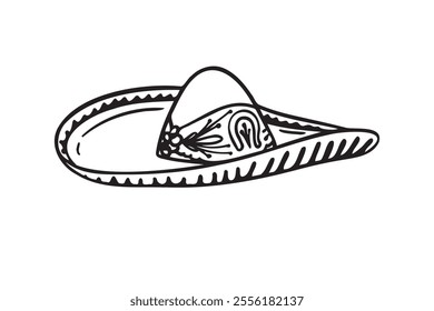 Hand drawn Mariachi hat illustration. Doodle mariachi hat. Sketch of mariachi hat isolated on white background. Sketch of sombrero. Vector illustration. Vector illustration