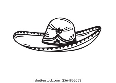 Hand drawn Mariachi hat illustration. Doodle mariachi hat. Sketch of mariachi hat isolated on white background. Sketch of sombrero. Vector illustration. Vector illustration