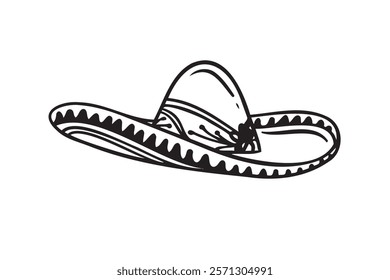 Hand drawn Mariachi hat illustration. Doodle mariachi hat. Sketch of mariachi hat isolated on white background. Sketch of sombrero. Vector illustration. Vector illustration