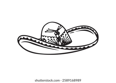 Hand drawn Mariachi hat illustration. Doodle mariachi hat. Sketch of mariachi hat isolated on white background. Sketch of sombrero. Vector illustration. Vector illustration