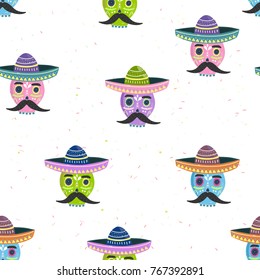 Hand drawn mariachi skulls. Colored vector seamless pattern