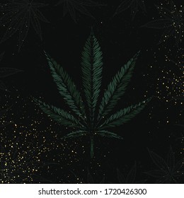 Handgezeichnetes Marijuana-Blatt. Grüne Cannabis auf schwarzem Hintergrund mit goldenem Farbspray oder Funkeln. Vektorgrafik