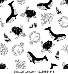 Hand drawn marine animals seamless pattern with whale and turtle. Underwater elements in cute style