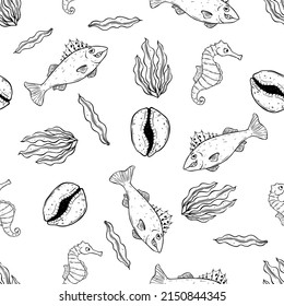 Hand drawn marine animals seamless pattern seahorses, shell and sea plants. Underwater elements in cute style