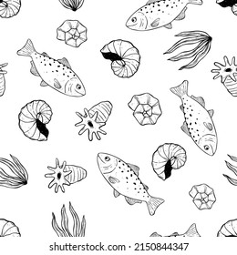 Hand drawn marine animals seamless pattern shell and sea plants. Underwater elements in cute style