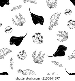 Hand drawn marine animals seamless pattern with stingray, turtle and coral. Underwater elements in cute style