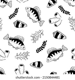 Hand drawn marine animals seamless pattern. Underwater elements in cute style