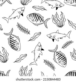 Hand drawn marine animals seamless pattern with shark and sea plants. Underwater elements in cute style