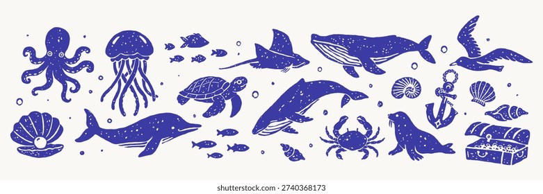Hand drawn marine animals vector set in vintage nautical style. Blue ocean wildlife collection with dolphin, whale, octopus, sea turtle, jellyfish, crab, seal, anchor and shells.