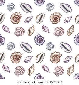 Hand drawn marine background. Seamless pattern with seashells.