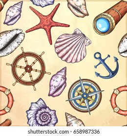 Hand drawn marine background. Seamless pattern with seashells and nautical objects.