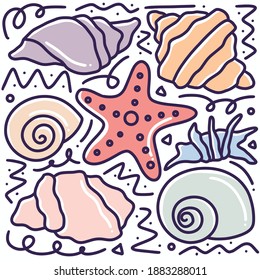 hand drawn marine biota doodle set with icons and design elements