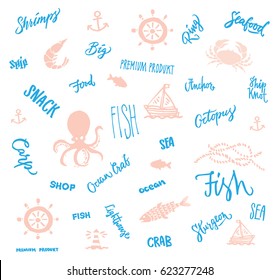 Hand drawn marine elements collection with blue inscriptions seafood and nautical icons isolated vector illustration