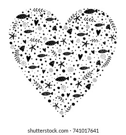 Hand drawn marine elements in heart.