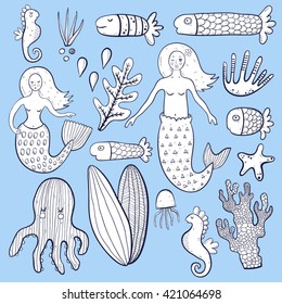Hand drawn marine illustrations set