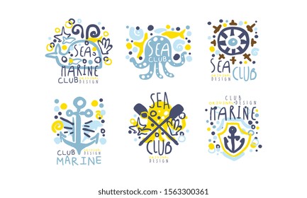 Hand Drawn Marine Labels and Logos Original Design Vector Set