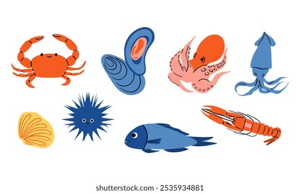 Hand Drawn Marine Life Bundle. A vibrant bundle of 8 marine life illustrations, including a crab, mussel, octopus, and more. Perfect for seafood themes, and marine decor with a playful style