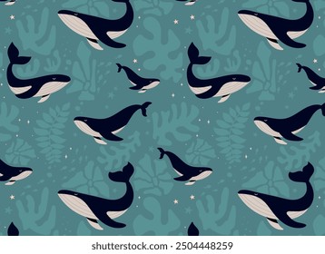 Hand drawn marine life. Seamless pattern with wild sea animals, seaweed and corals. Children's illustration on blue background. Cartoon whales and sperm whales bright colors.