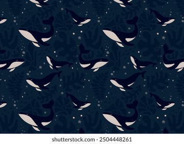 Hand drawn marine life. Seamless pattern with wild sea animals, seaweed and corals. Children's illustration on blue background. Cartoon whales and sperm whales bright colors.