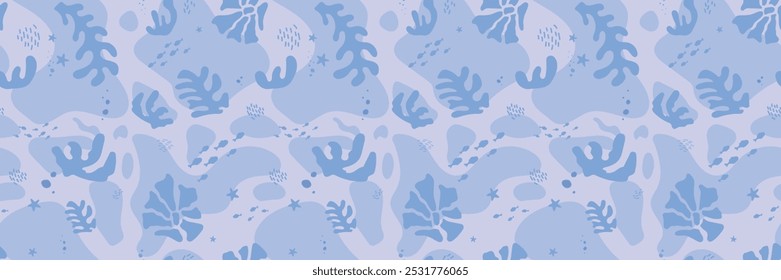 Hand drawn marine life. Seamless pattern with wild sea animals, seaweed and corals. Children's illustration on blue background. Cartoon whales and sperm whales bright colors.