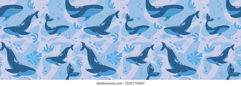 Hand drawn marine life. Seamless pattern with wild sea animals, seaweed and corals. Children's illustration on blue background. Cartoon whales and sperm whales bright colors.