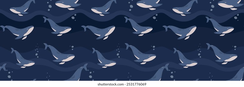 Hand drawn marine life. Seamless pattern with wild sea animals, seaweed and corals. Children's illustration on blue background. Cartoon whales and sperm whales bright colors.