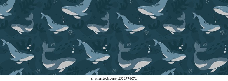 Hand drawn marine life. Seamless pattern with wild sea animals, seaweed and corals. Children's illustration on blue background. Cartoon whales and sperm whales bright colors.