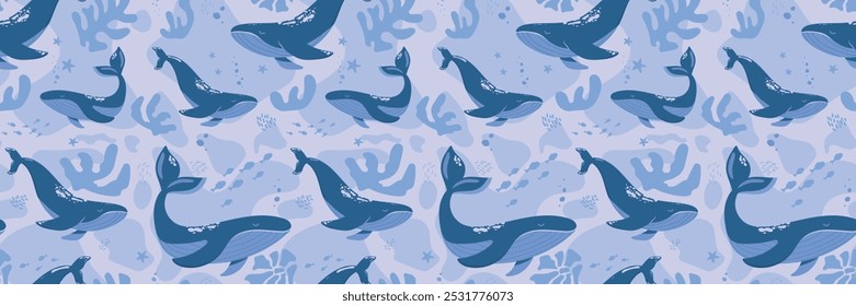 Hand drawn marine life. Seamless pattern with wild sea animals, seaweed and corals. Children's illustration on blue background. Cartoon whales and sperm whales bright colors.