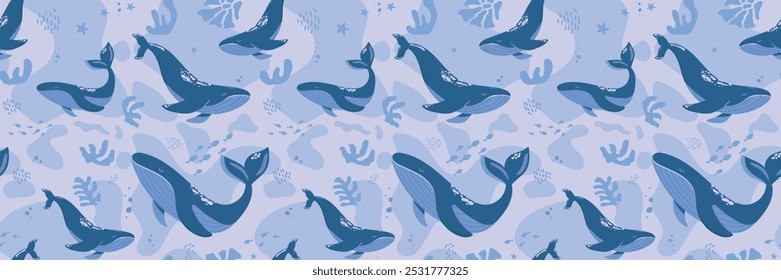 Hand drawn marine life. Seamless pattern with wild sea animals, seaweed and corals. Children's illustration on blue background. Cartoon whales and sperm whales bright colors.