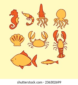 Hand drawn marine life set. Vector illustration.