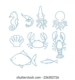 Hand drawn marine life set. Vector illustration.