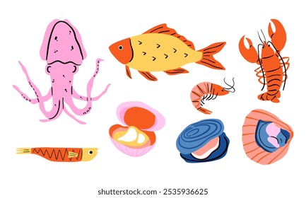 Conjunto de vida marina dibujado a mano. Una vibrante colección de ilustraciones de vida marina dibujadas a mano. Ideal para proyectos con temática oceánica, diseños de mariscos y materiales educativos