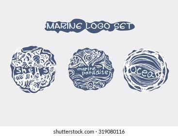 Hand Drawn Marine Logo Set. Shells. Marine Paradise. Ocean. Suitable For Ads, Business Cards, Diving Centers, Travel Agencies, Identity Design