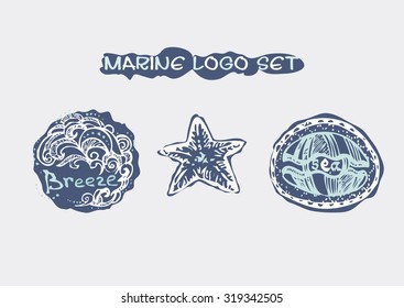 Hand Drawn Marine Logo Set. Breeze. Starfish. Sea. Suitable For Ads, Business Cards, Diving Centers, Travel Agencies, Identity Design