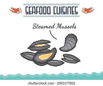 Hand drawn marine mollusks seafood cuisine. Menu, recipes template with realistic seafood elements. Vintage clams, oysters, cockles, mussels top view sketches.