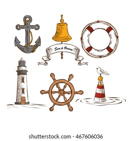 Hand drawn marine objects set. Retro-styled sea icons.