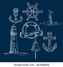 Hand drawn marine objects set. Retro-styled sea icons.
