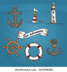 Hand drawn marine objects set. Retro-styled sea icons.