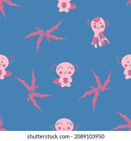 Hand drawn marine octopus and axolotls seamless pattern. Perfect for T-shirt, textile and print. Doodle vector illustration for decor and design.


