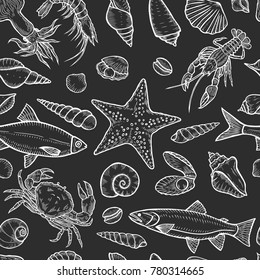 Hand drawn Marine seamless background from sea shells and stars. Nautical pattern with isolated on black.
