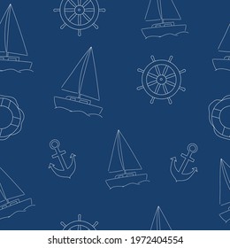Hand drawn marine seamless pattern with sailboat, anchor and steering wheel