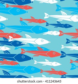 Hand drawn marine seamless pattern with colorful fish