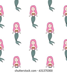 Hand drawn marine seamless pattern with mermaid