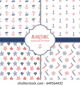 Hand drawn marine seamless patterns set with colorful nautical elements and icons on light background vector illustration