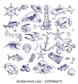 Hand drawn marine set. Sea ocean voyage lighthouse shark crab octopus starfish knot crab shell lifebuoy seagull anchor steering wheel collection