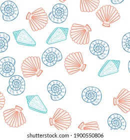 Hand drawn marine set. Sea shells collection. Different seashells, starfish, seamless pattern. Vector illustration in sketch style. For greetings, invitations, wrapping paper, textile, wedding design
