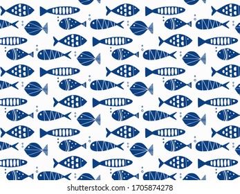 Hand drawn marine surface pattern. Doodle drawing. Different blue fishes on a white background.